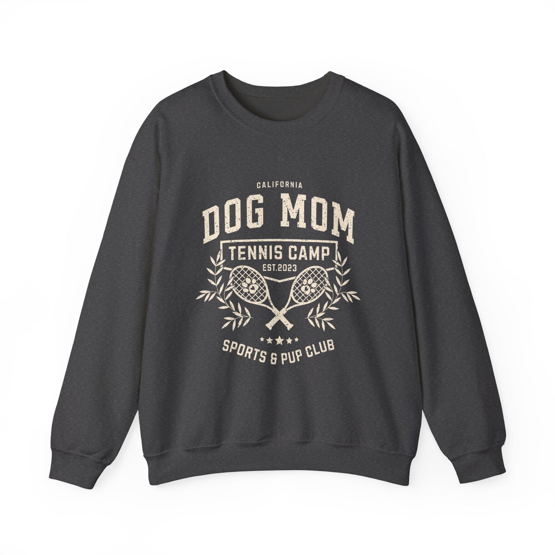 Dark gray sweatshirt with 'Dog Mom Tennis Camp' text and graphics on a white background