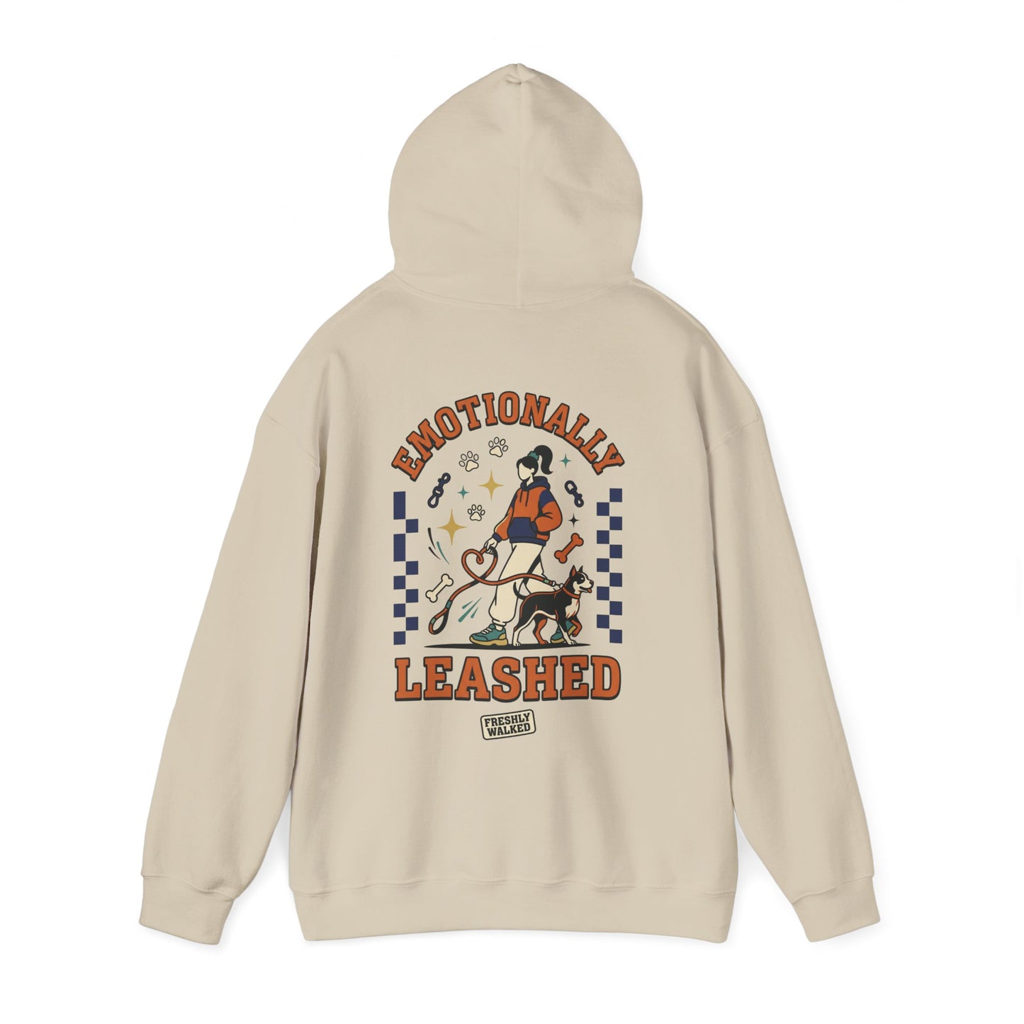 Beige hoodie with graphic design on a white background