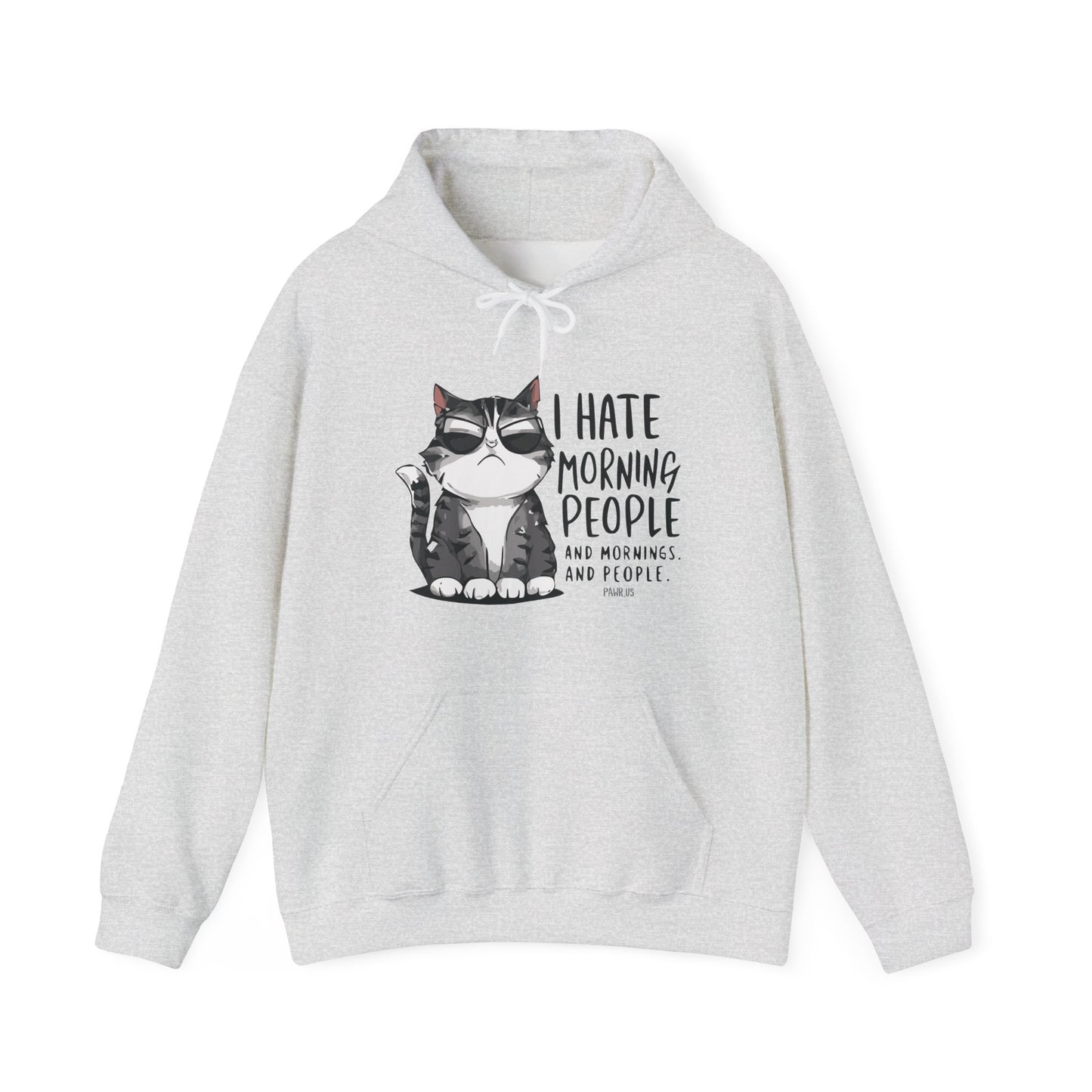 Gray hoodie with a cat graphic and text on a white background