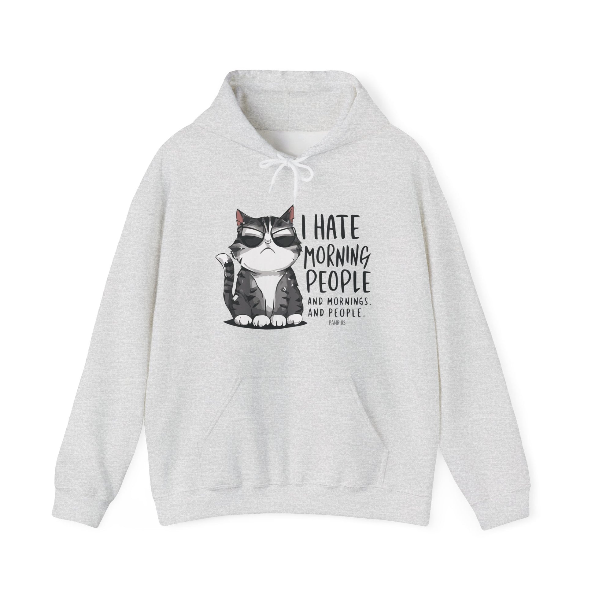 Gray hoodie with a cat graphic and text on a white background