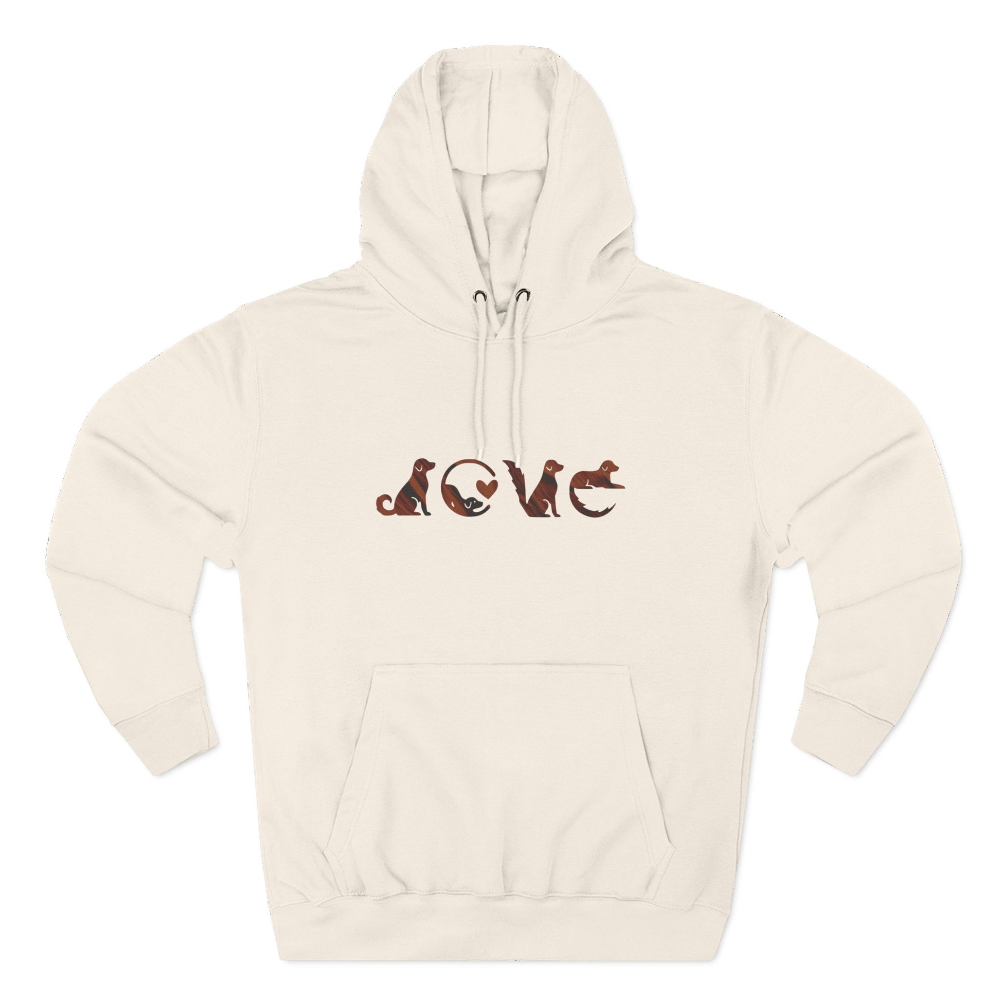 Beige hoodie with 'LOVE' design featuring dogs on a white background