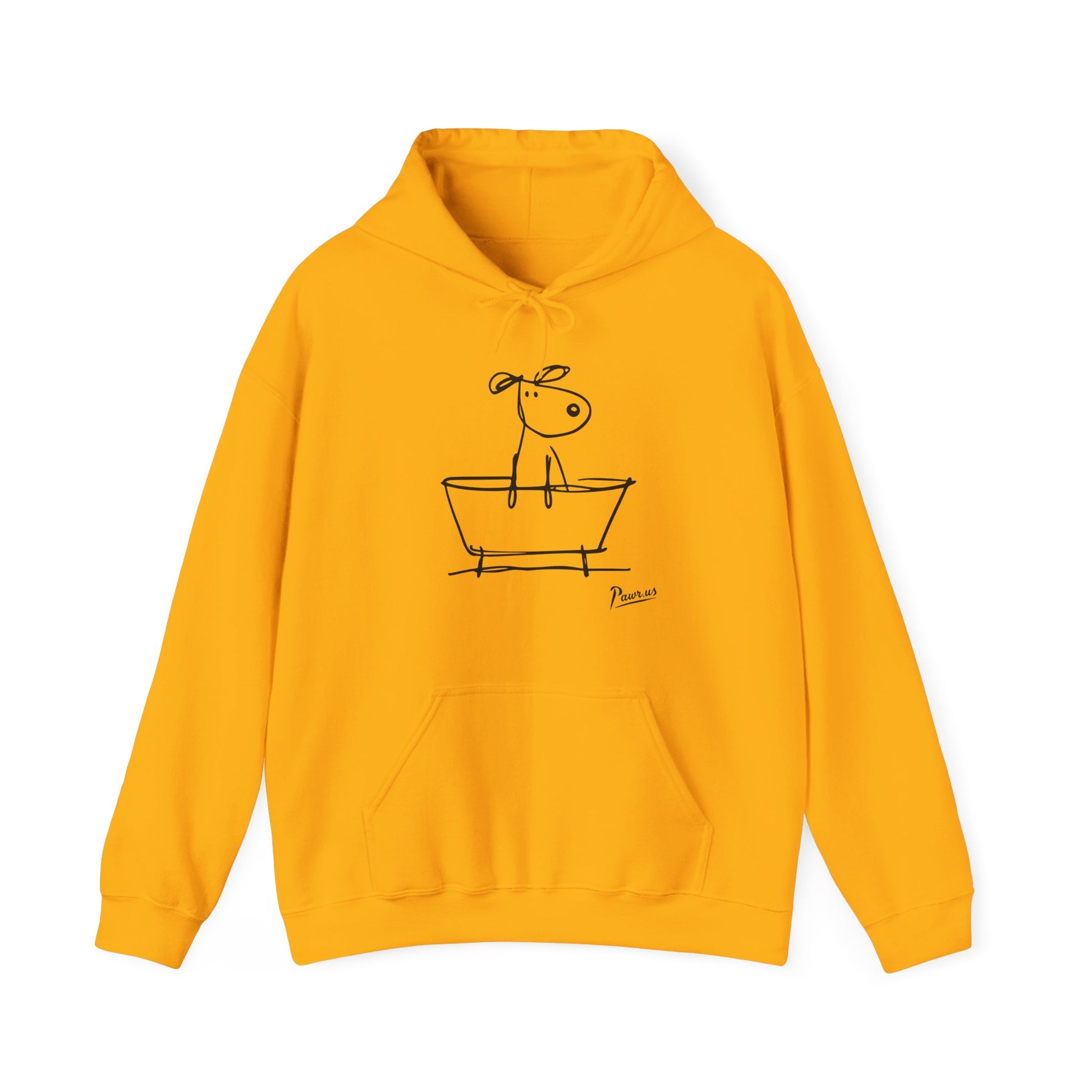 Yellow hoodie with a black line drawing of a dog in a bathtub on a white background