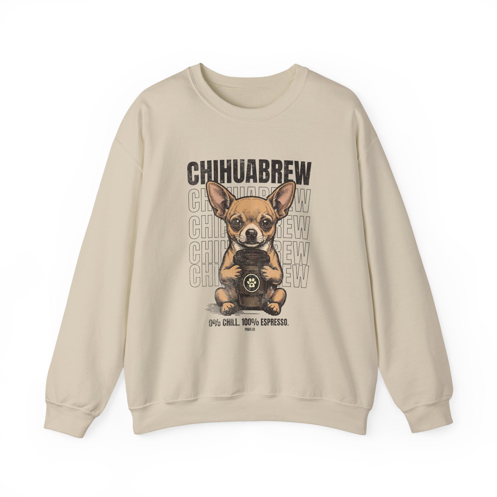 Beige sweatshirt with a dog graphic and 'CHUHUABREW' text on a white background