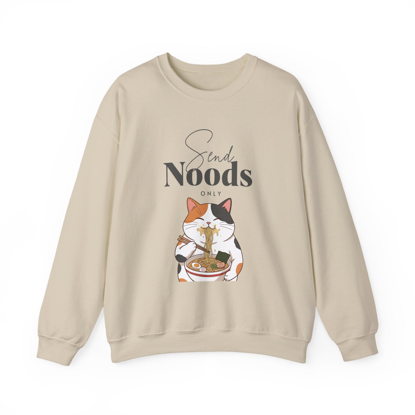 Beige sweatshirt with a cat eating noodles graphic and 'Send Noods' text on a white background