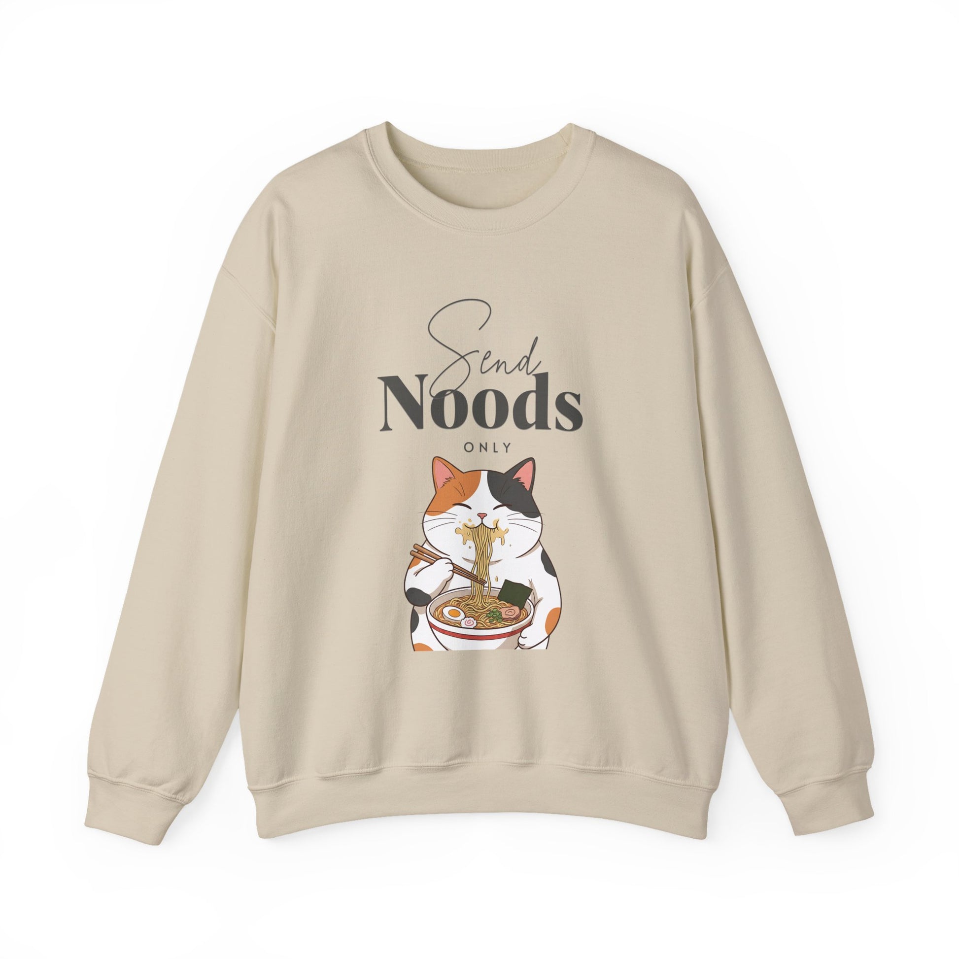 Beige sweatshirt with a cat eating noodles graphic and 'Send Noods' text on a white background