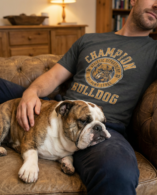 Man relaxing on a leather couch wearing a dark vintage bulldog graphic t-shirt while petting his English bulldog, showcasing PAWR bulldog apparel for dog dads and bulldog lovers.