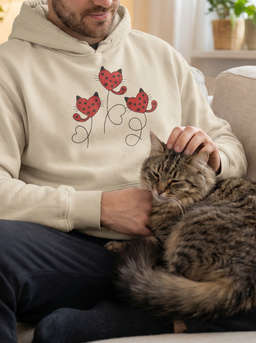 man at home wearing sand hoodie with cute cat design playing with his cat