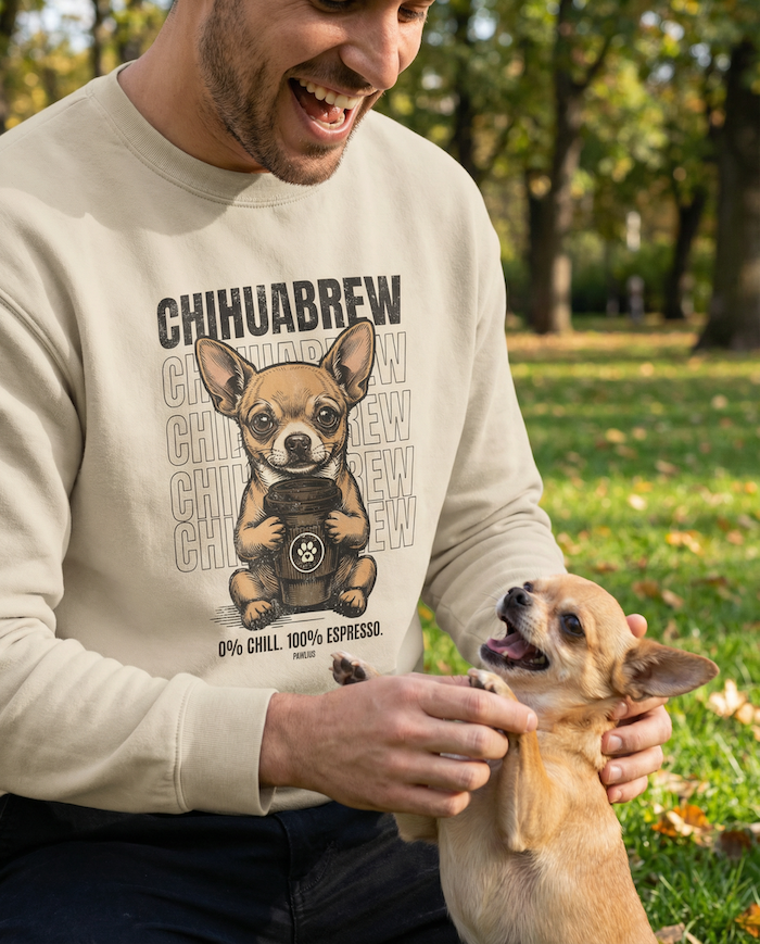 Man wearing a sweatshirt with a Chihuahua graphic and text, holding a small dog in a park.