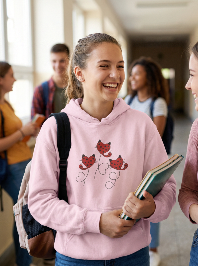 teenage girl in school wearing pink hoodie with cute cat design