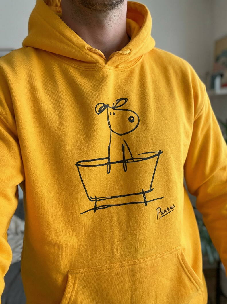 guywearing hoodie with minimalist dog drawing