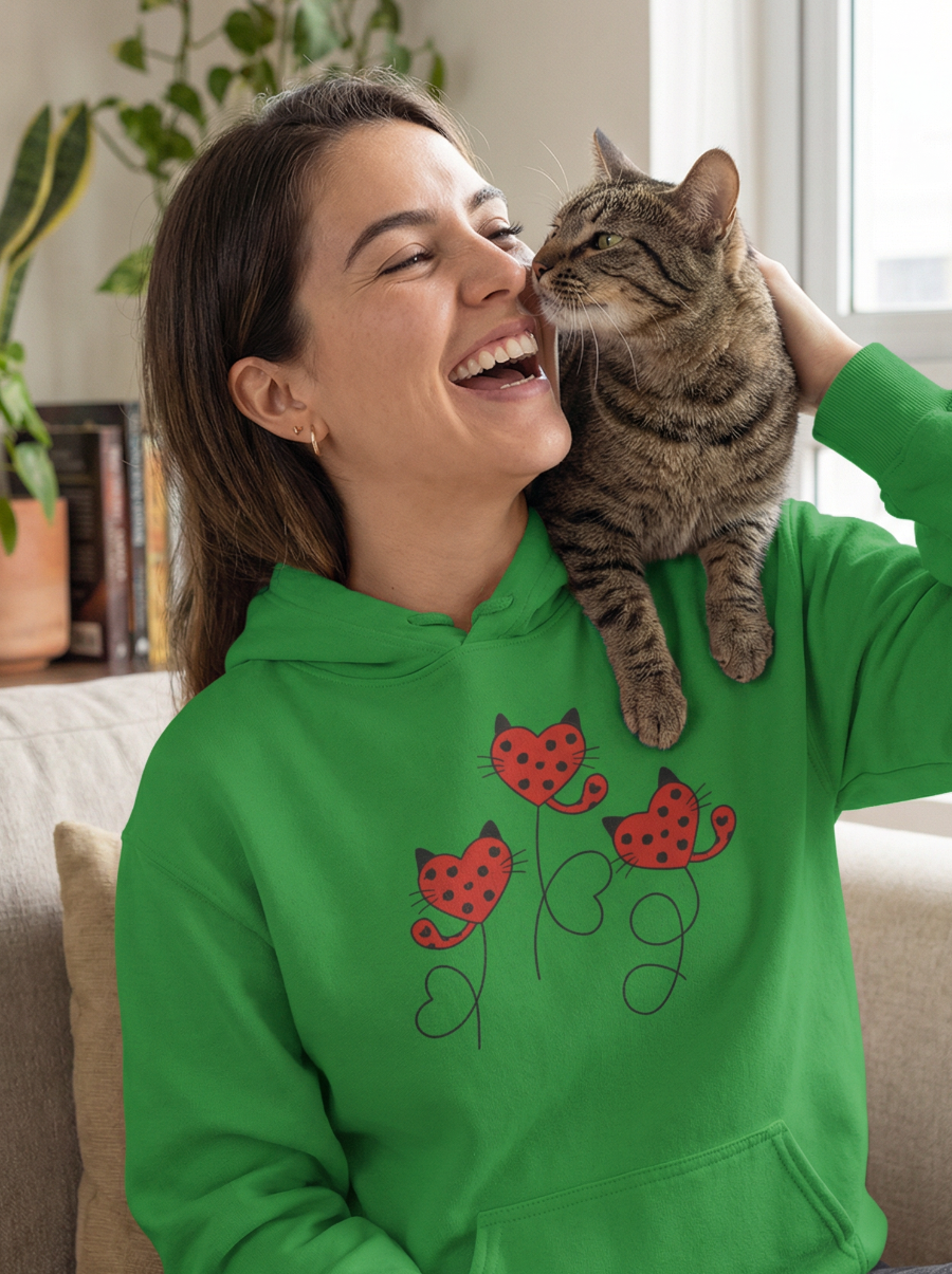 gilr wearing green hoodie for cat lovers and playing with her cat