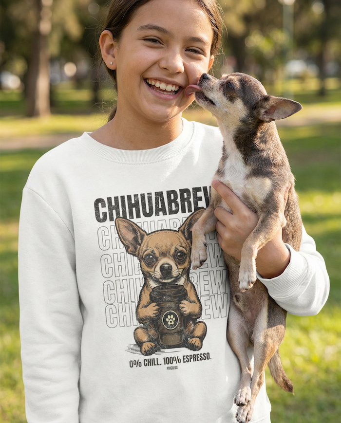Person wearing a white sweatshirt with a Chihuahua graphic and text, holding a small dog in a park.
