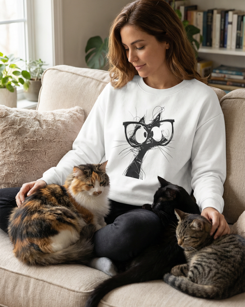 Woman wearing a white sweatshirt with a black cat design, sitting on a couch with three cats.