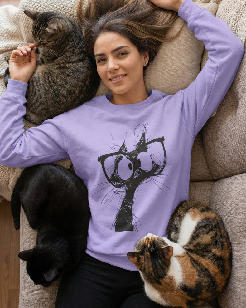 Woman wearing a purple sweatshirt with a cat design, lying on a couch with three cats.