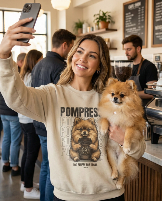 Woman taking a selfie with a dog in a coffee shop wearing a Pomeranian sweatshirt with a dog graphic and text.